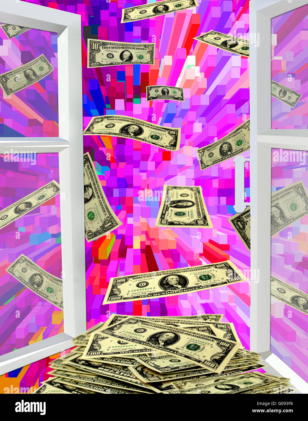 opened window to the red abstract image and flying Stock Photo - Alamy