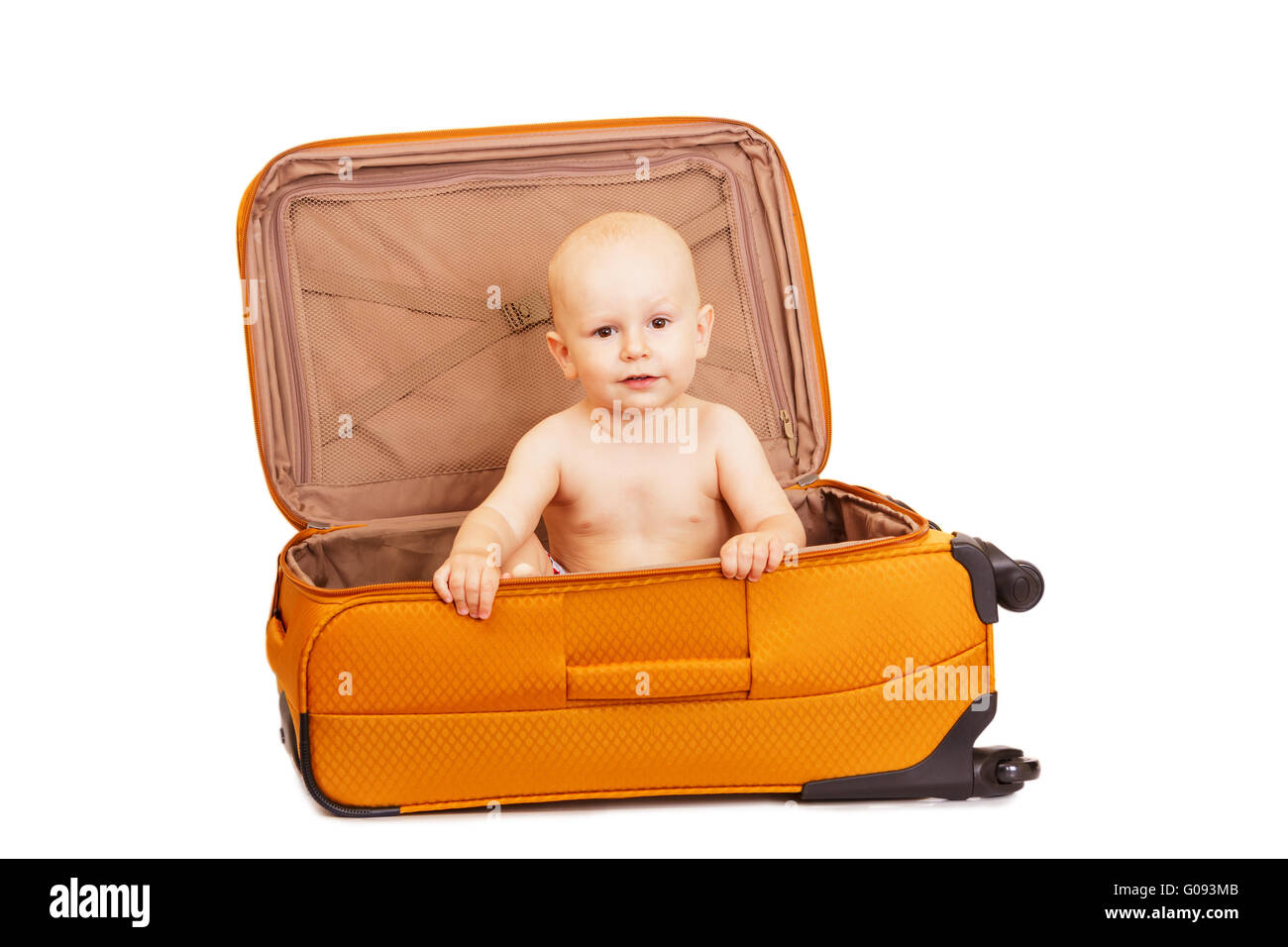 The small child in suitcase for long trips Stock Photo Alamy