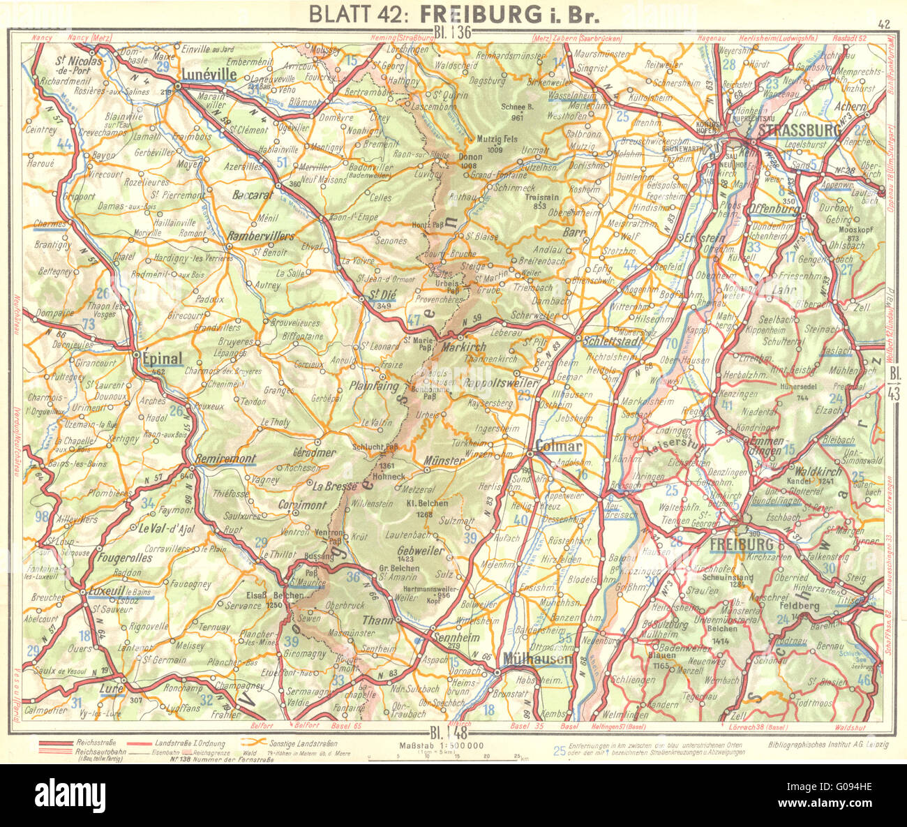 GERMANY: Freiburg i Br, 1936 vintage map Stock Photo