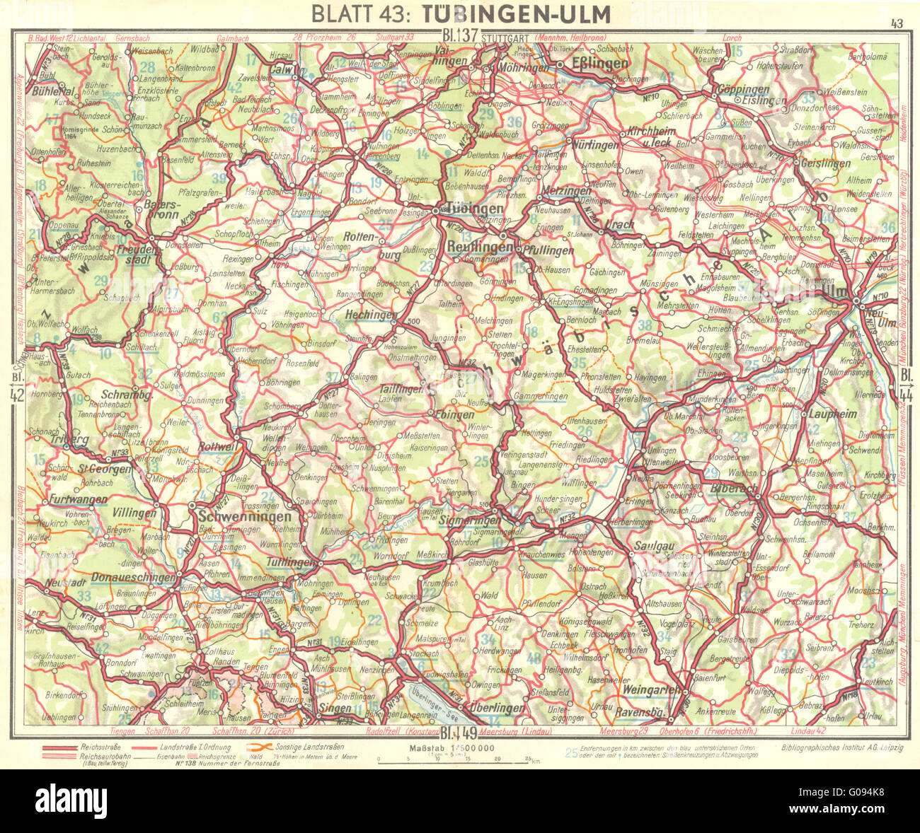 GERMANY TubingenUlm, 1936 vintage map Stock Photo Alamy