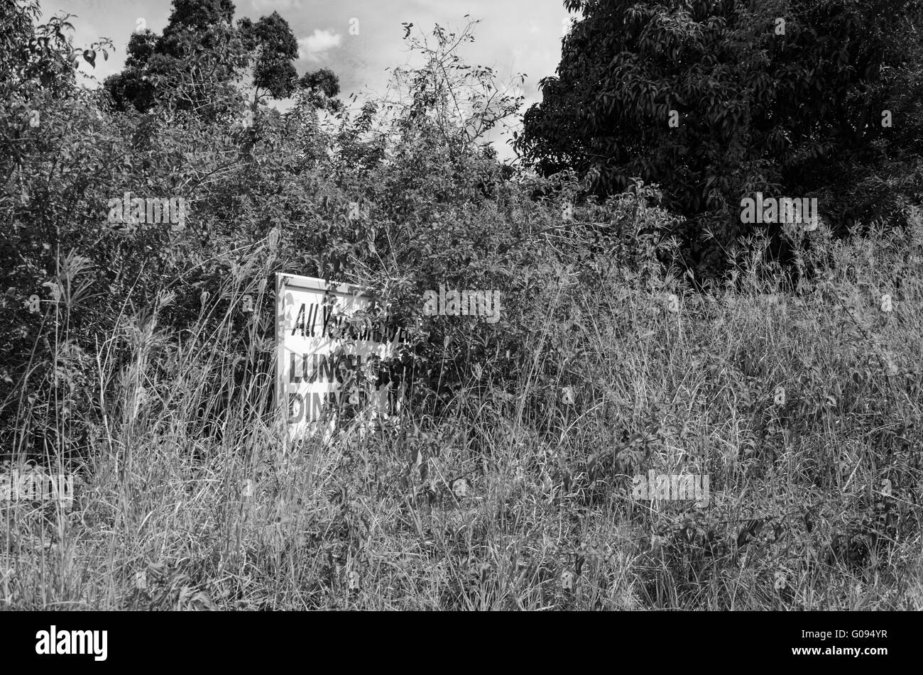 An old sign almost overgrown by grass and bushes at the abandoned former Taree City Bowling Club in regional Australia Stock Photo