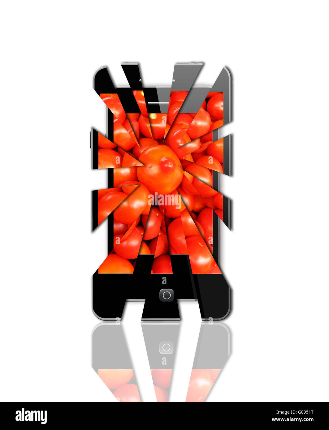 modern broken smartphone with splinters on the whi Stock Photo