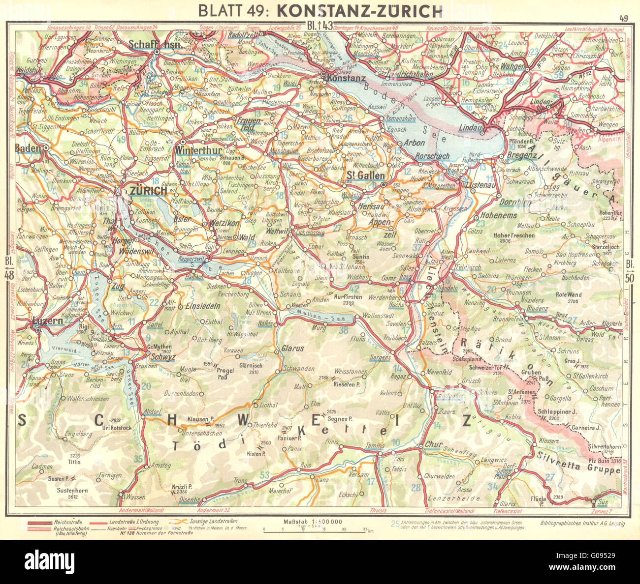 SWITZERLAND: Konstanz-Zurich, 1936 vintage map Stock Photo - Alamy