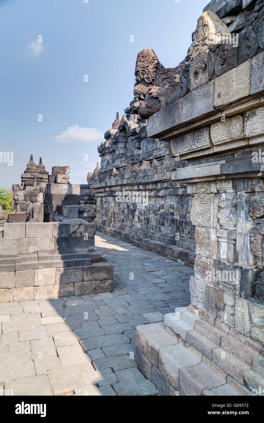 Galleries and walls of Borobudur temple Stock Photo