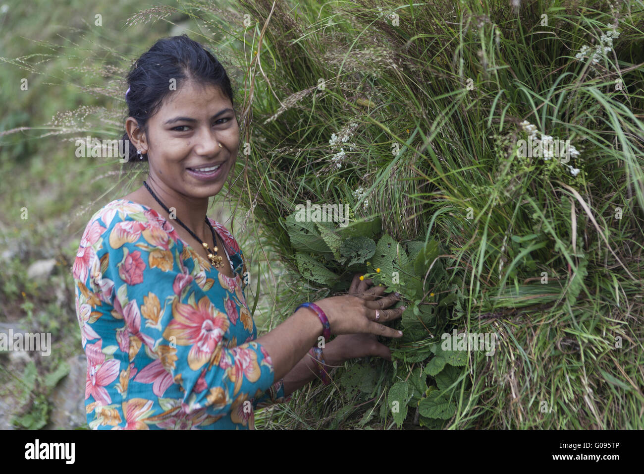 Indian woman with hay bale, North india Stock Photo
