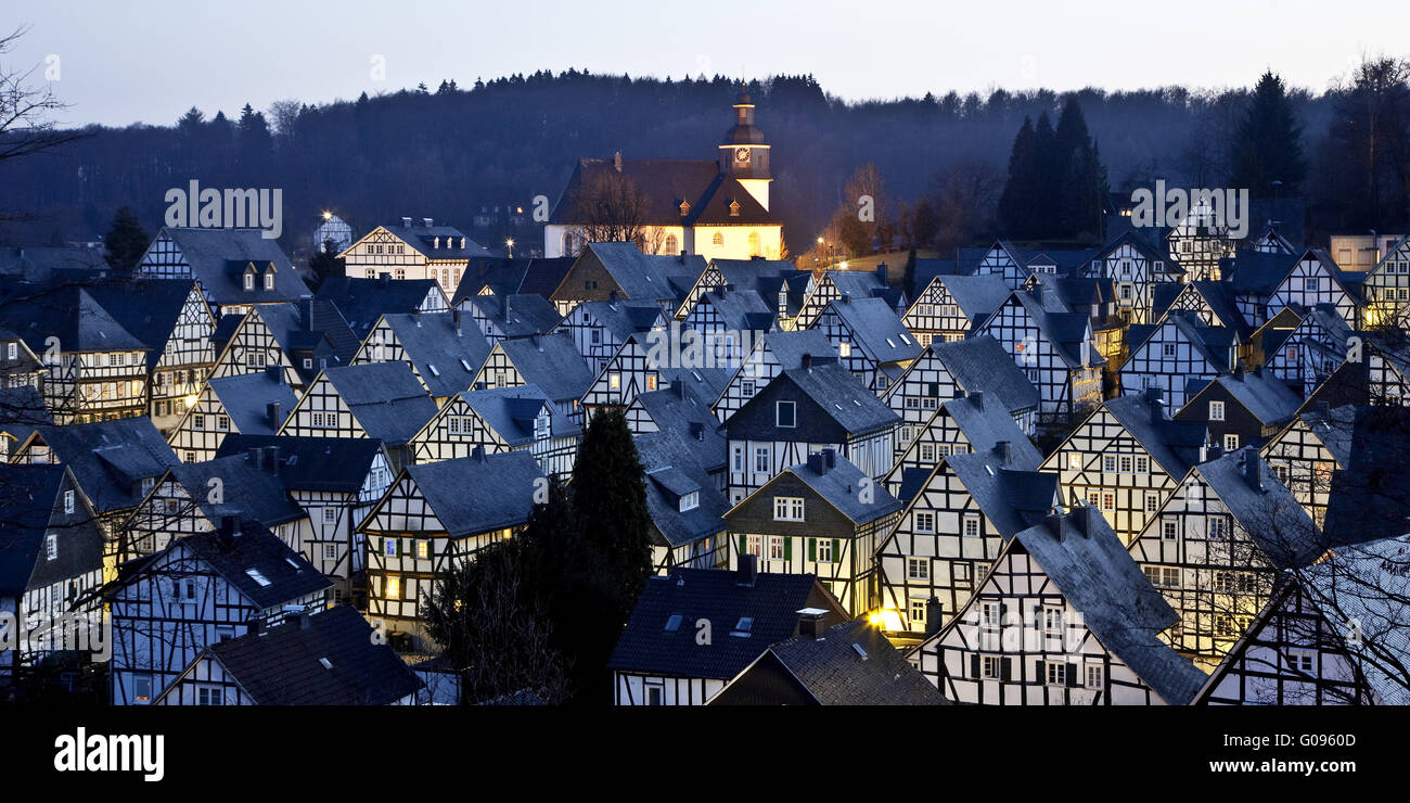 Old town with half-timbered houses in Freudenberg. Stock Photo