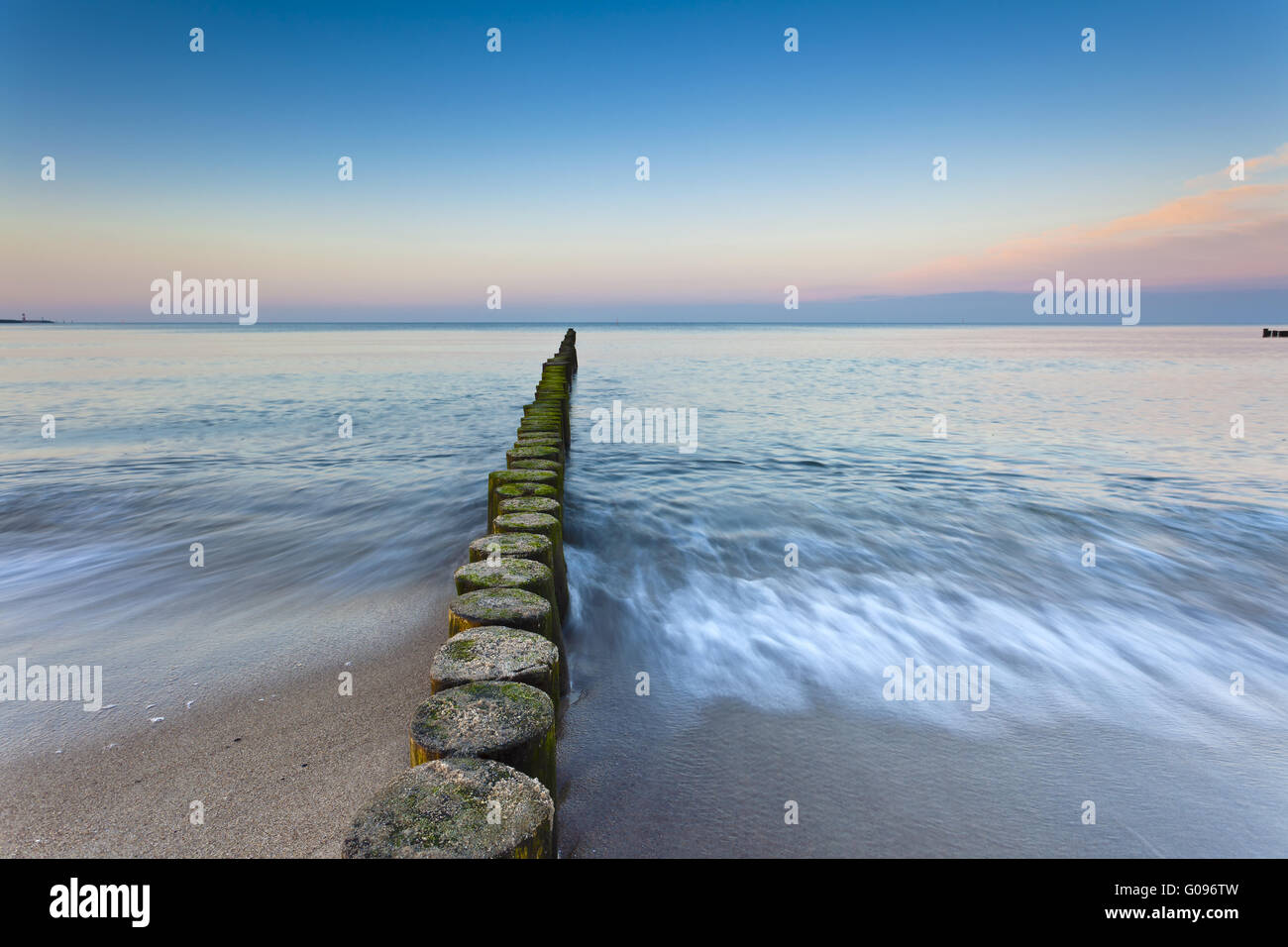 wooden groynes at the beach of german baltic sea Stock Photo