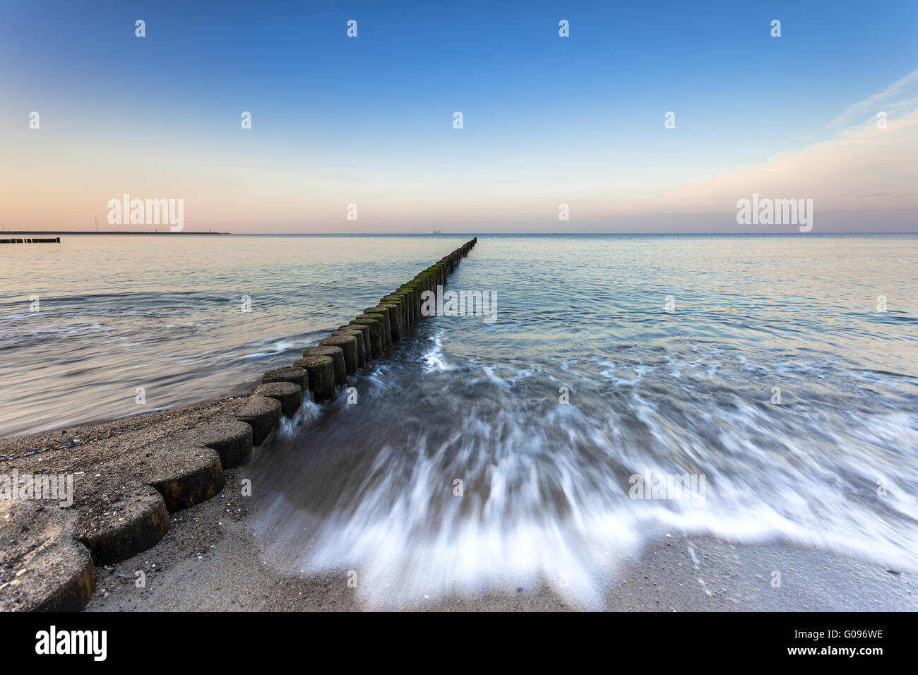 wooden groynes at the beach of german baltic sea Stock Photo