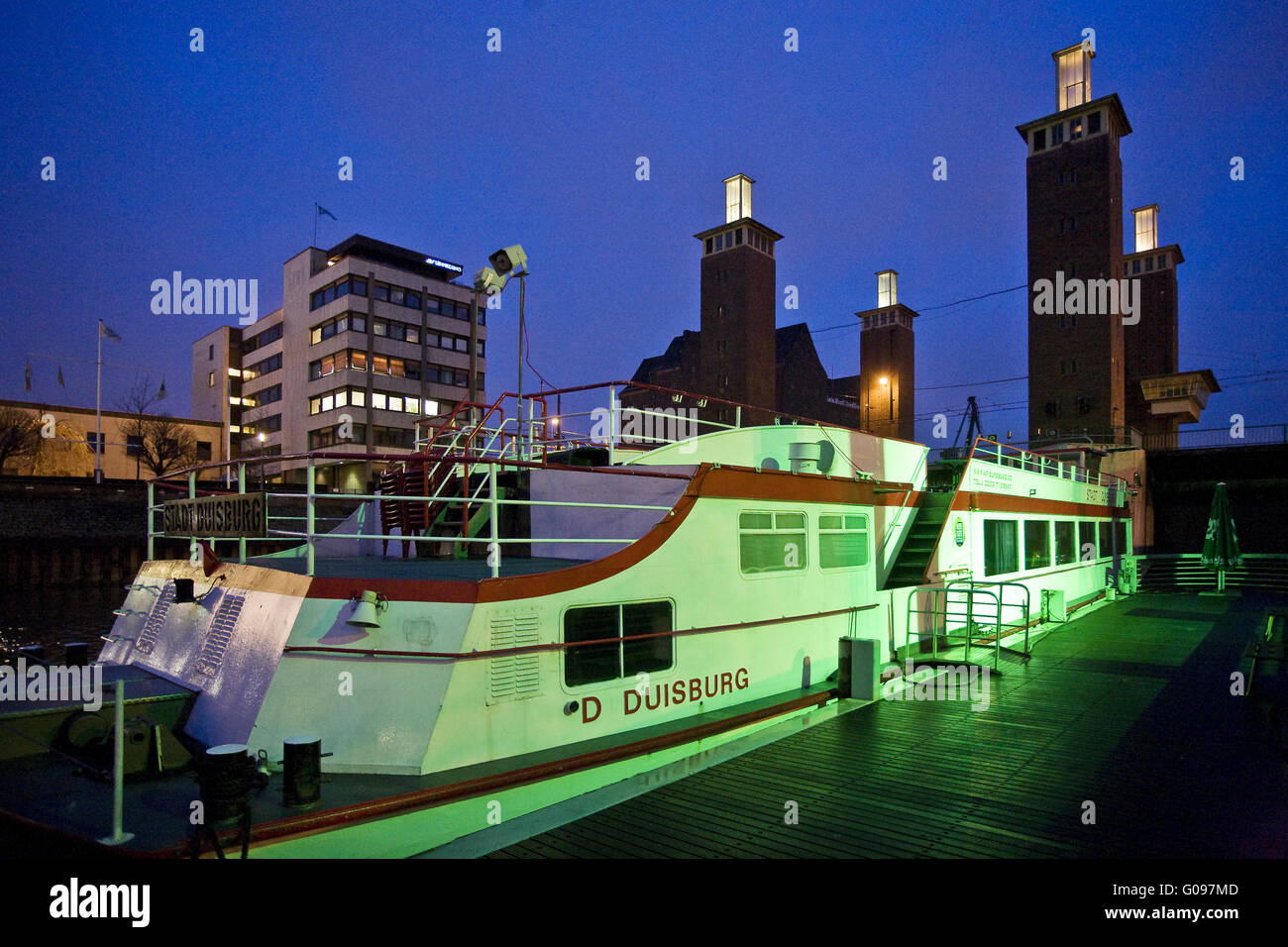 Schwanentor with passenger ship, Duisburg, Germany Stock Photo