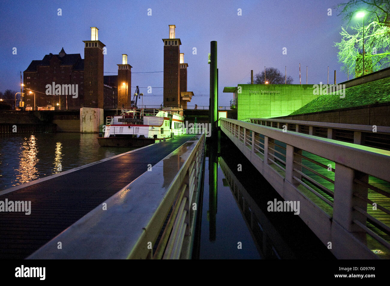 Schwanentor with passenger ship, Duisburg, Germany Stock Photo