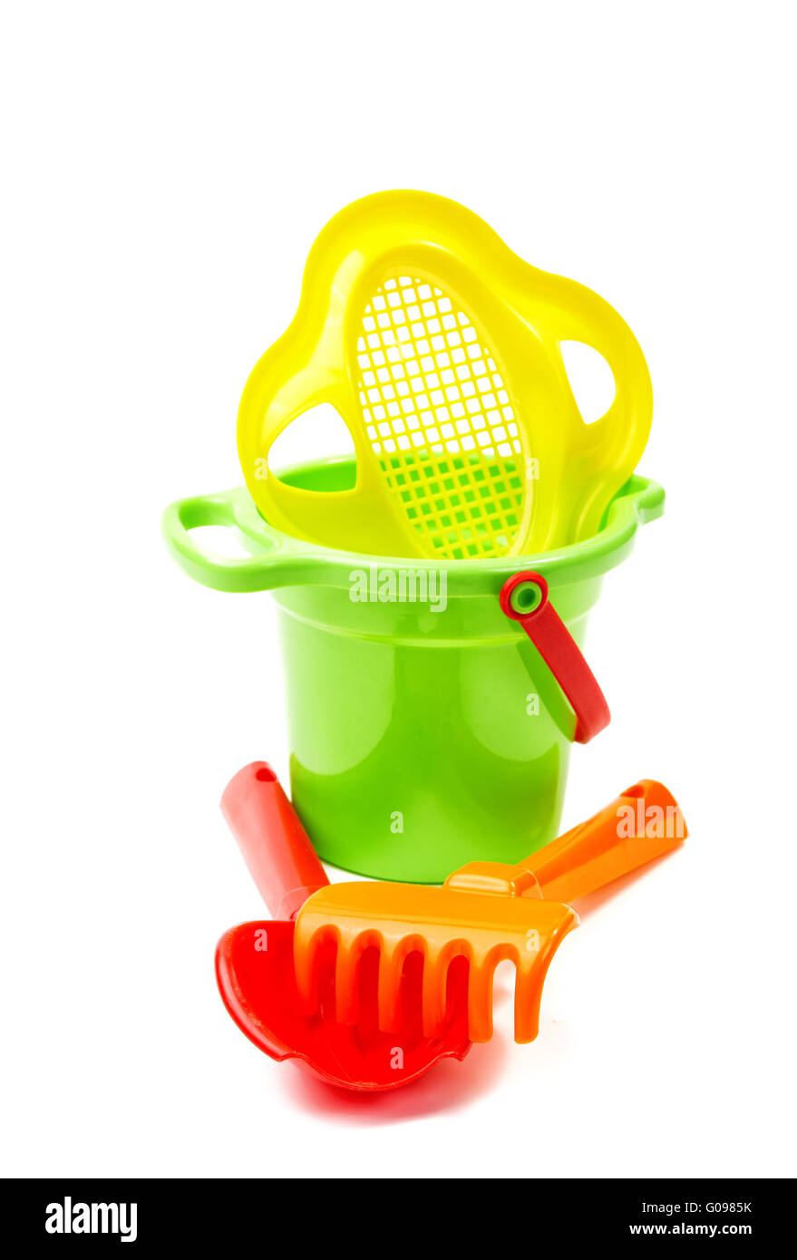Children's toys bucket shovel and rake on the white Stock Photo Alamy