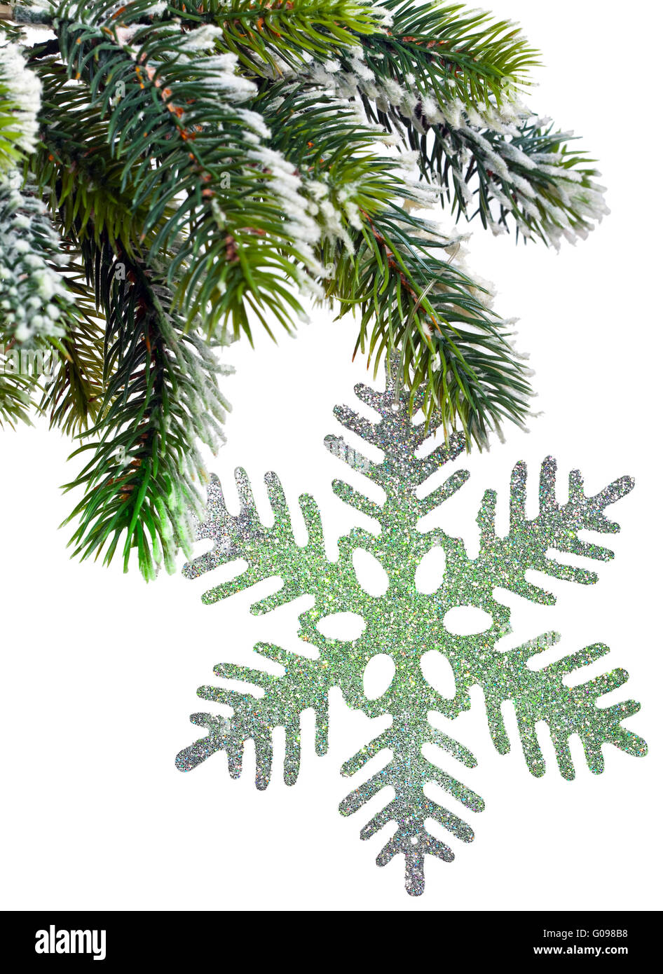 New Year's snow-covered branch of a Christmas tree Stock Photo