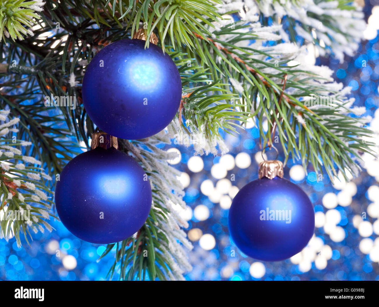 Dark blue New Year's balls on a snow-covered branc Stock Photo