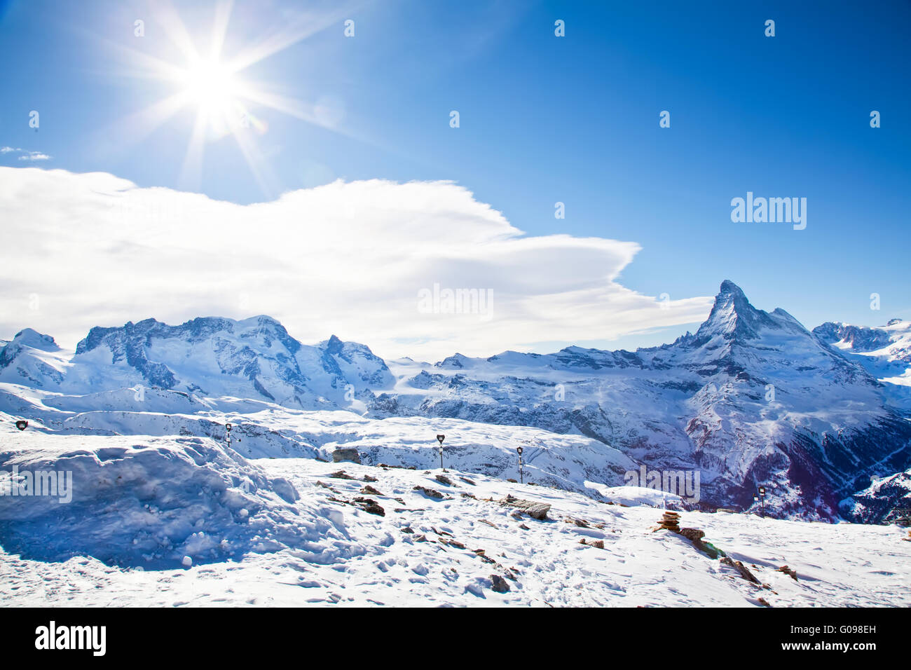 Winter swiss landscape on Switzerland hills with mountain Matterhorn Stock Photo
