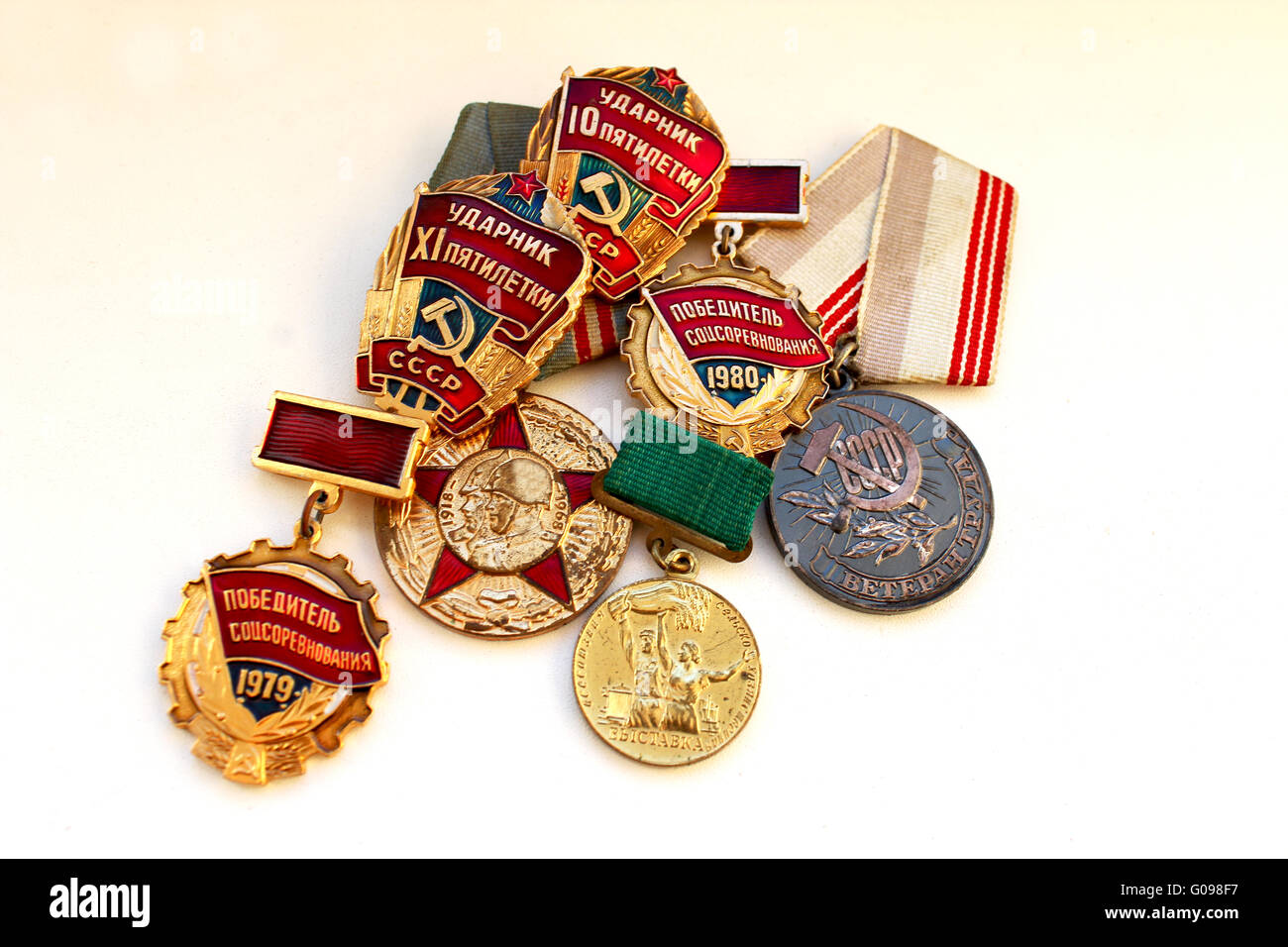 Soviet medals for valorous work Stock Photo