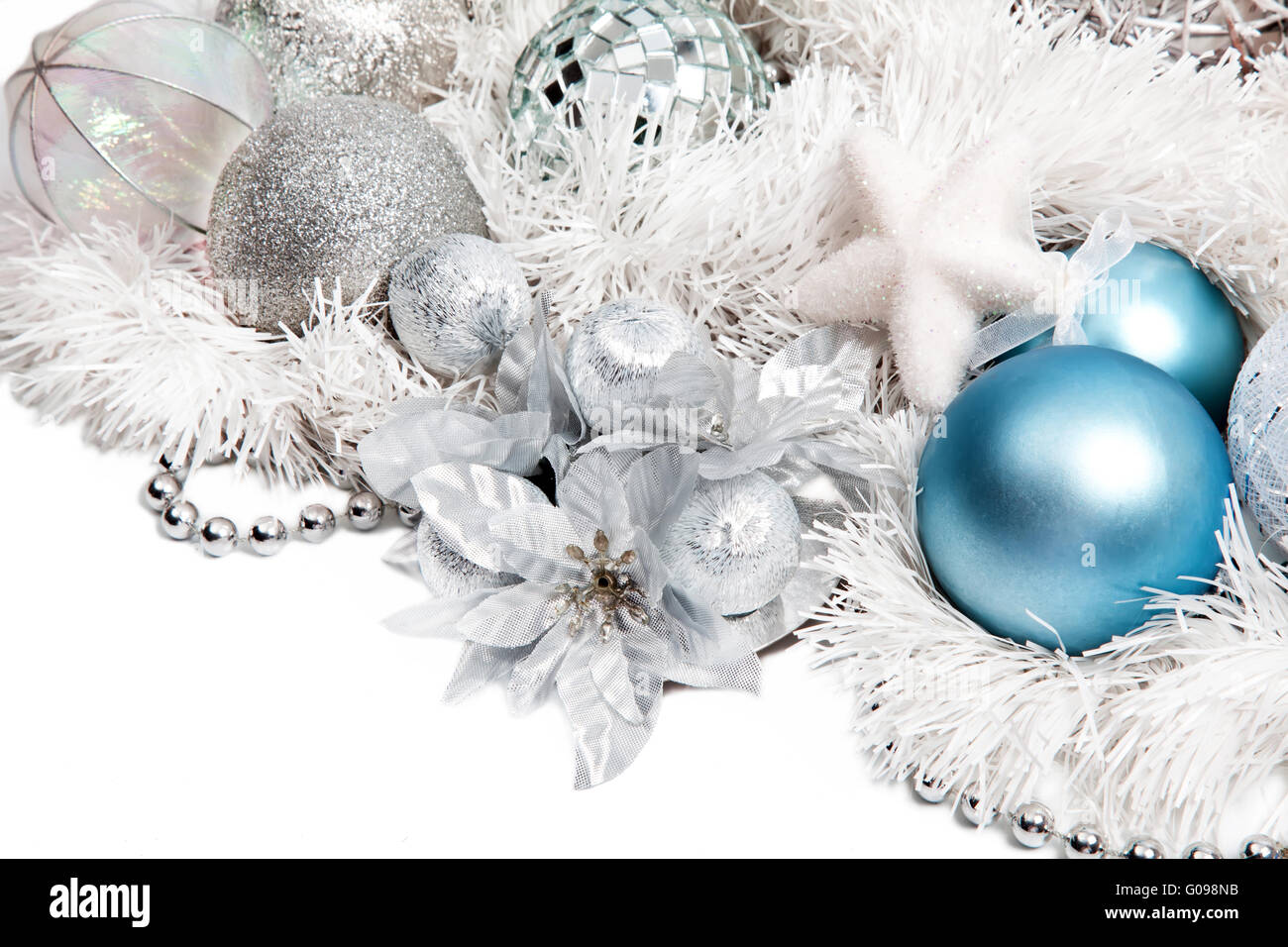 Christmas composition with blue ball and silver flower Stock Photo