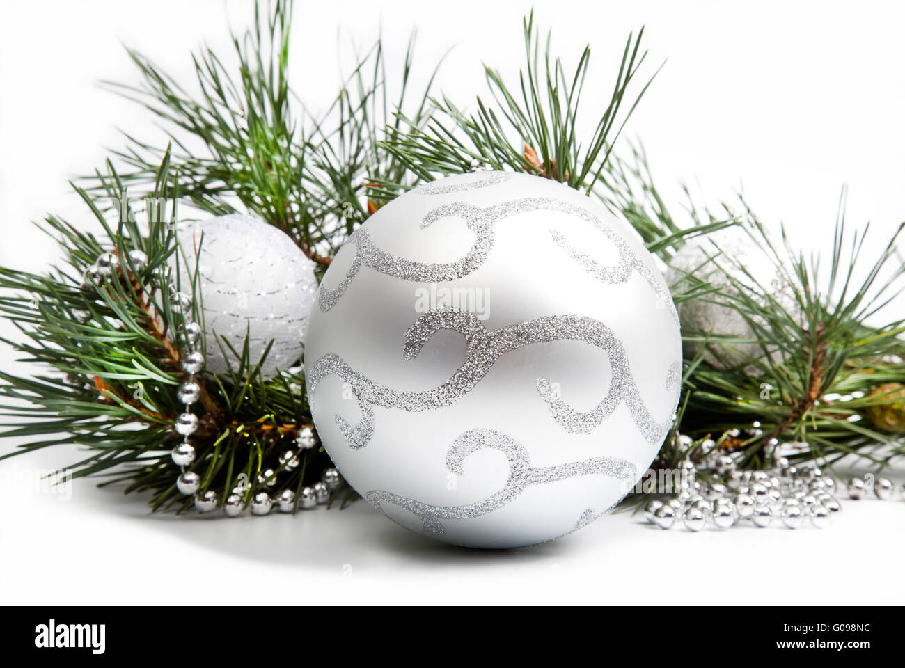 Christmas decorations with big silver ball and silver beads Stock Photo