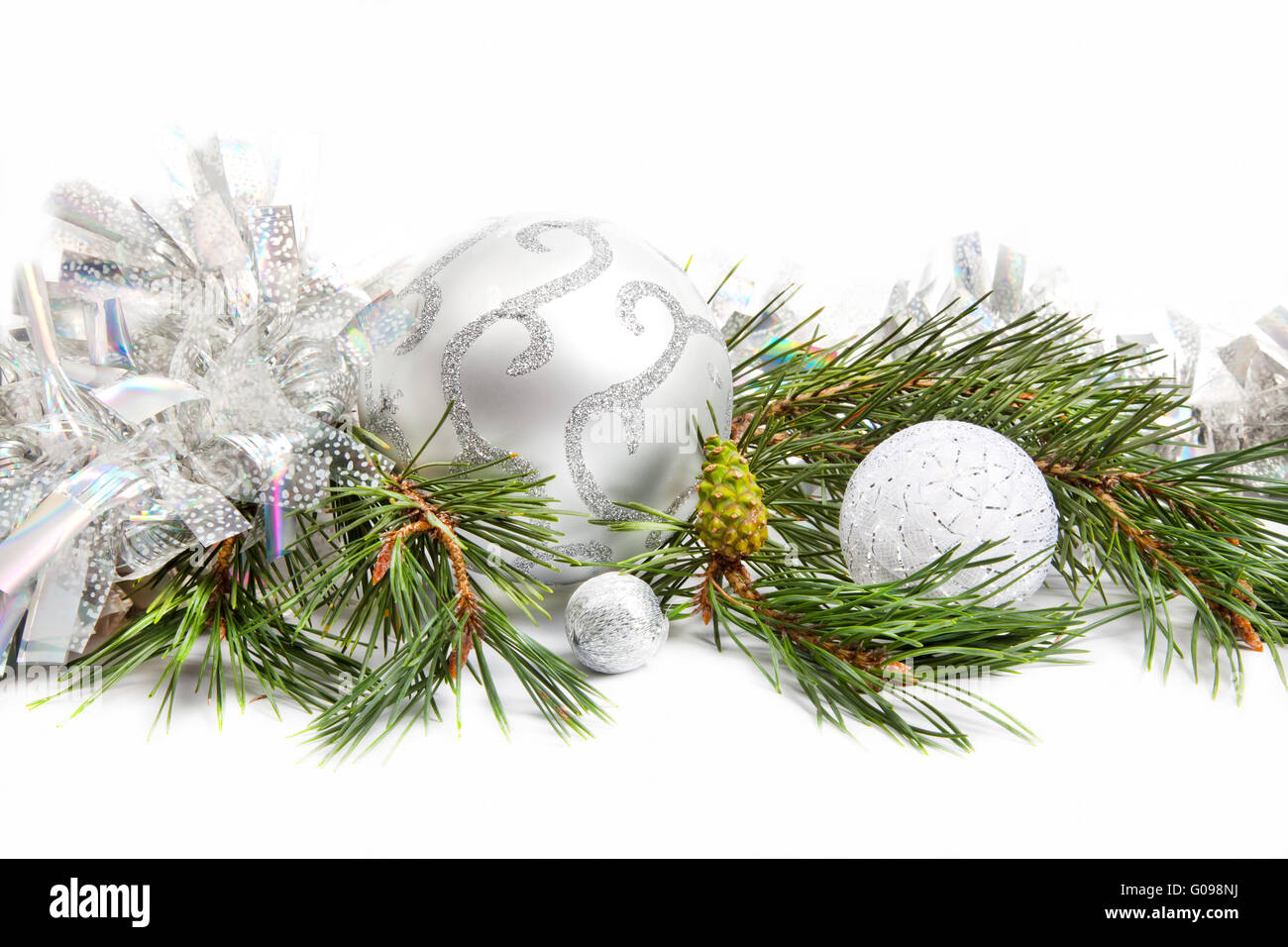 Fir tree evergreen branch with new year decorations Stock Photo
