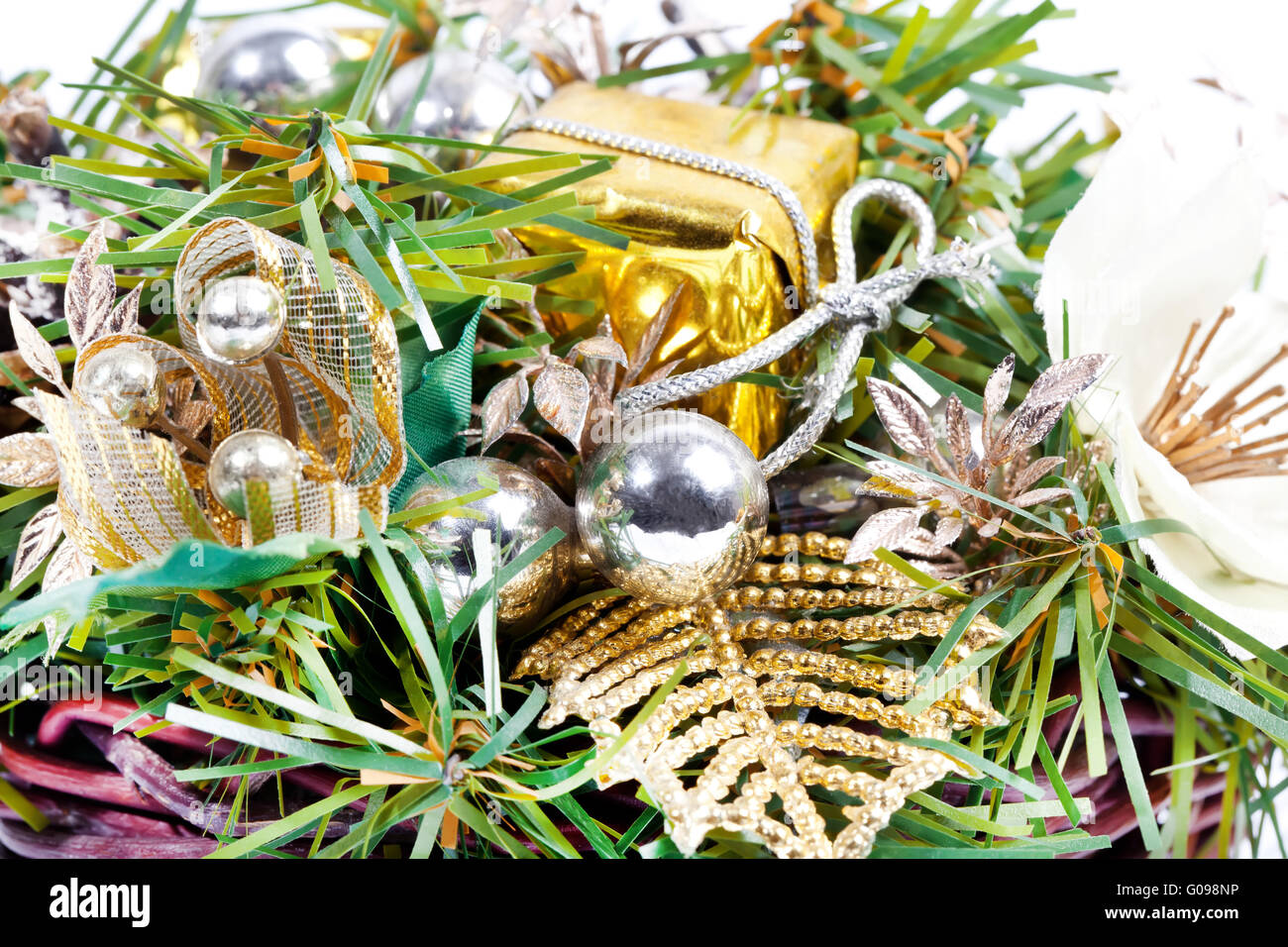 New year composition with golden ribbon and balls Stock Photo