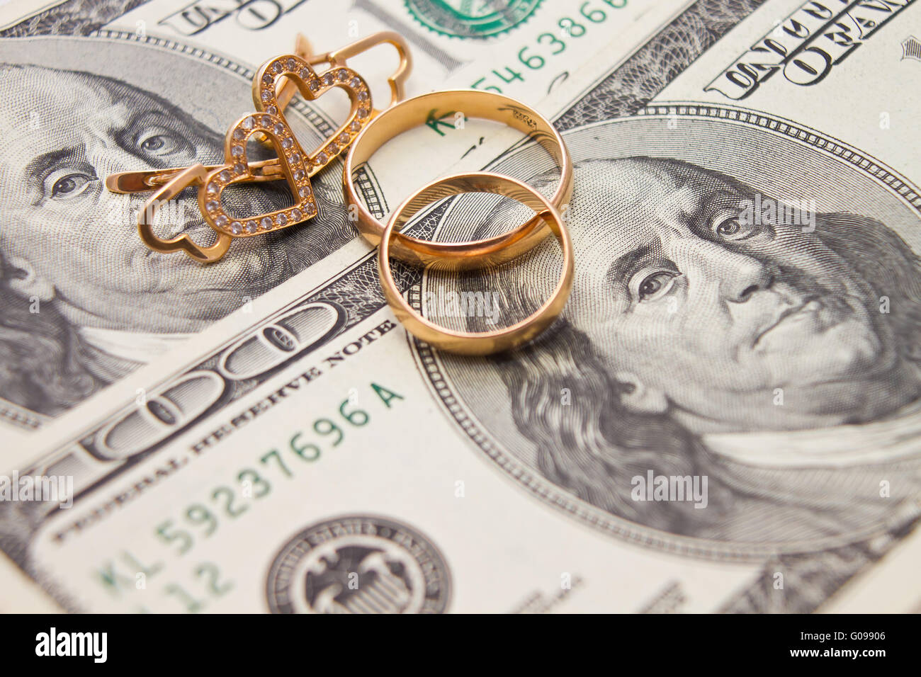Wedding rings, gold chain and earrings in the form Stock Photo