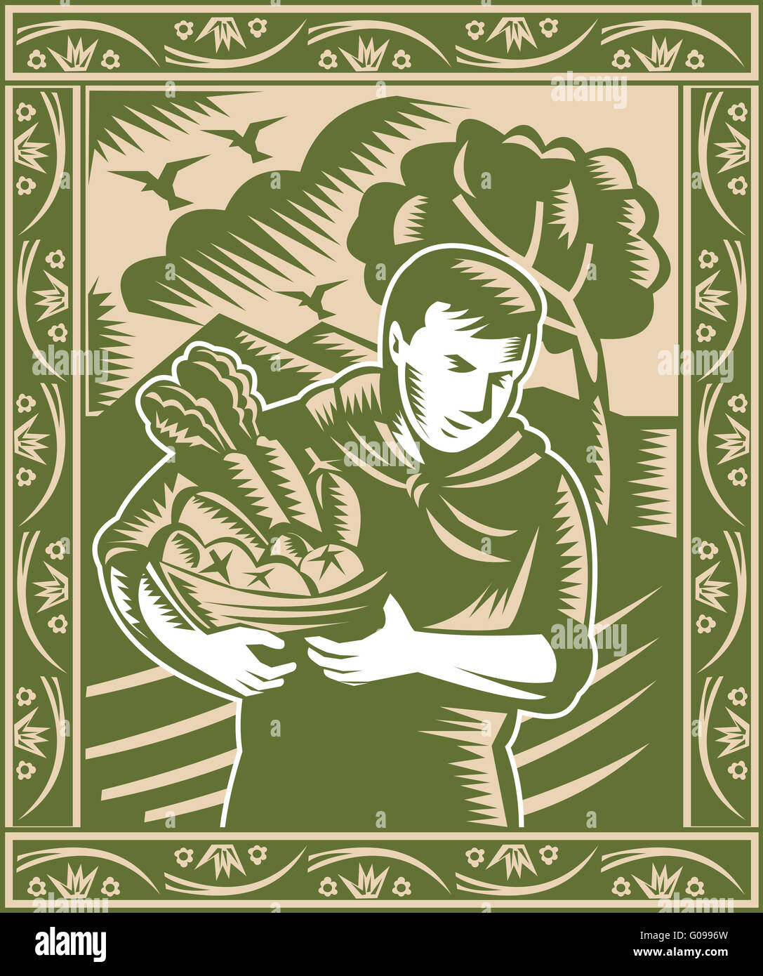 Organic Farmer With Basket Harvest Crops Retro Stock Photo Alamy