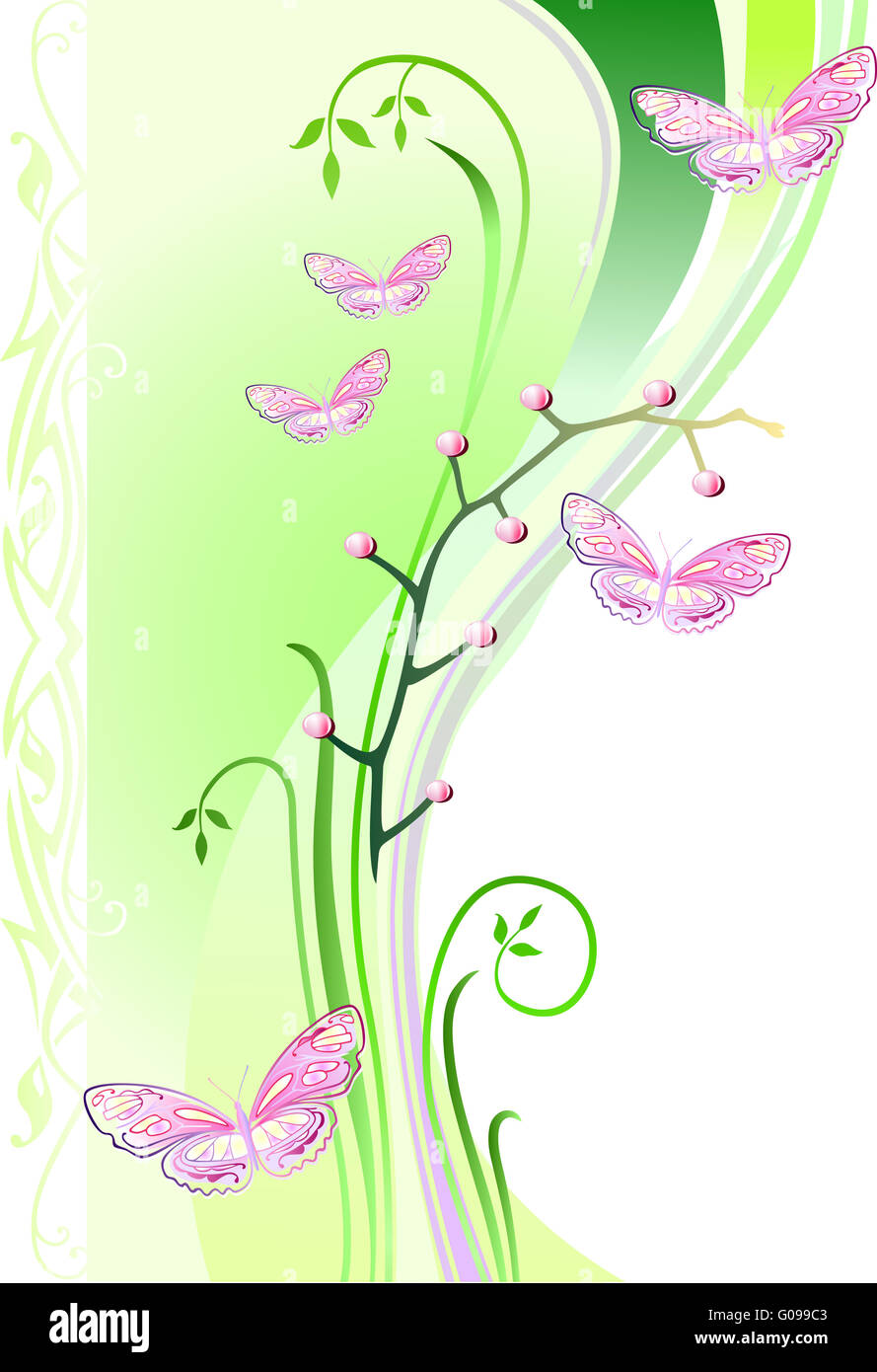 Orchids and butterflies on green waved background Stock Photo