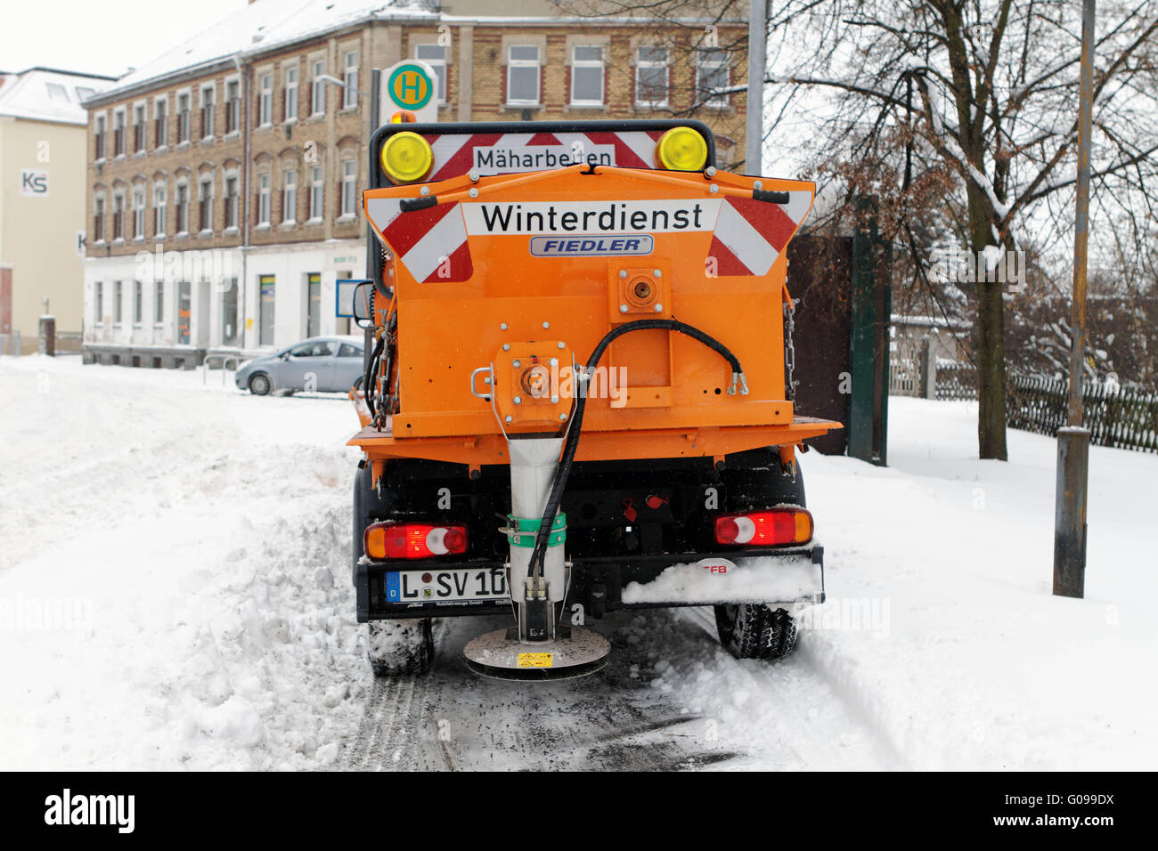 Use of winter maintenance in Leipzig. Stock Photo