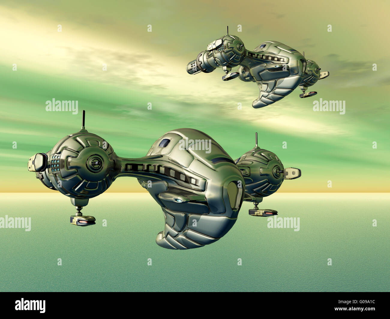 Alien Planet with Spaceships Stock Photo