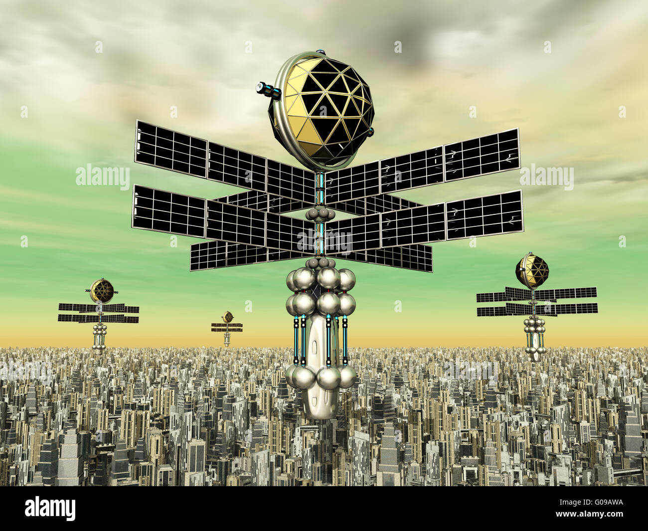Megacity and Space Probes Stock Photo
