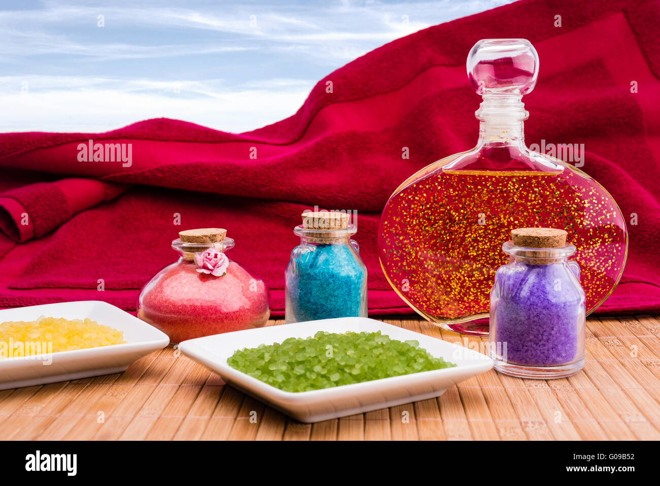 Bath salt and essential oil Stock Photo Alamy