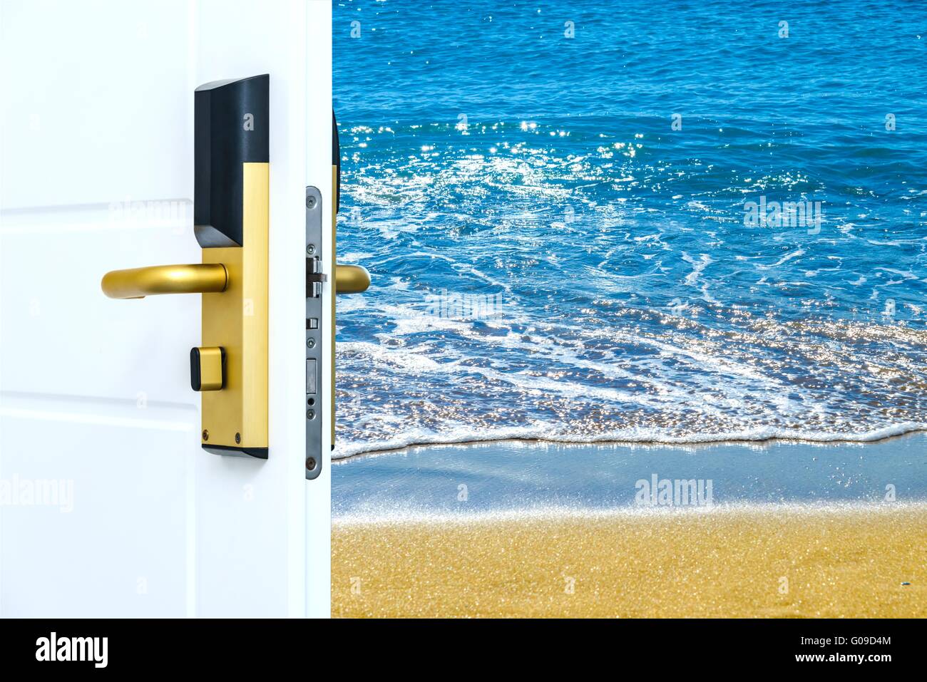 open white door with a view of the sky with the sun sky Stock Photo - Alamy