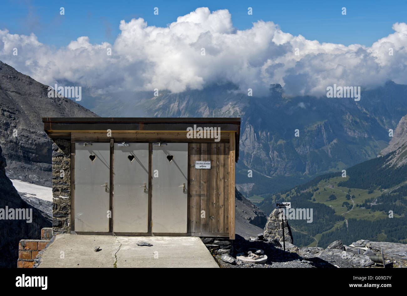Toilet house with panorama view,Bernese Oberland Stock Photo