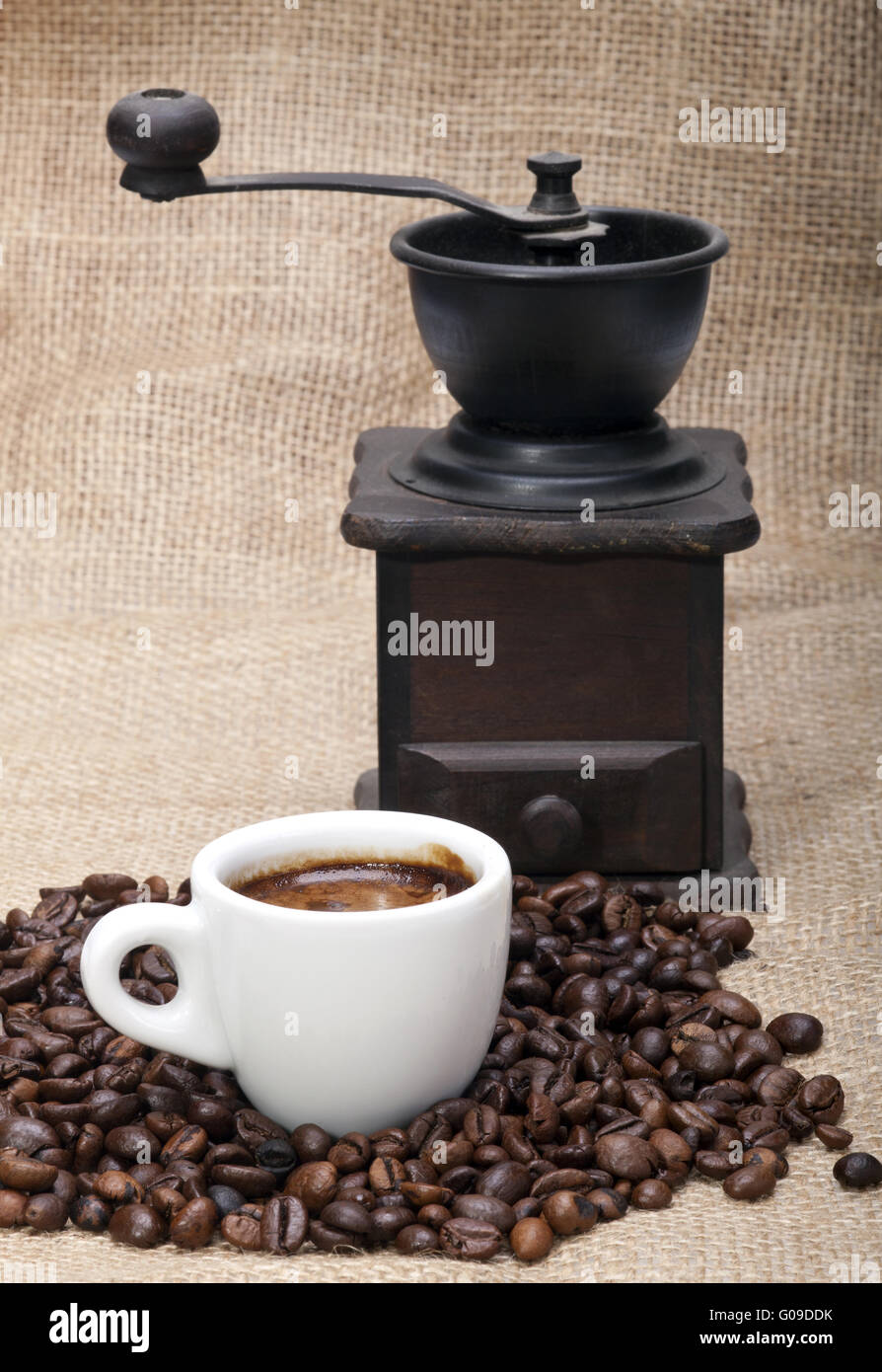 Coffee Beans, Cup and Grinder Stock Photo