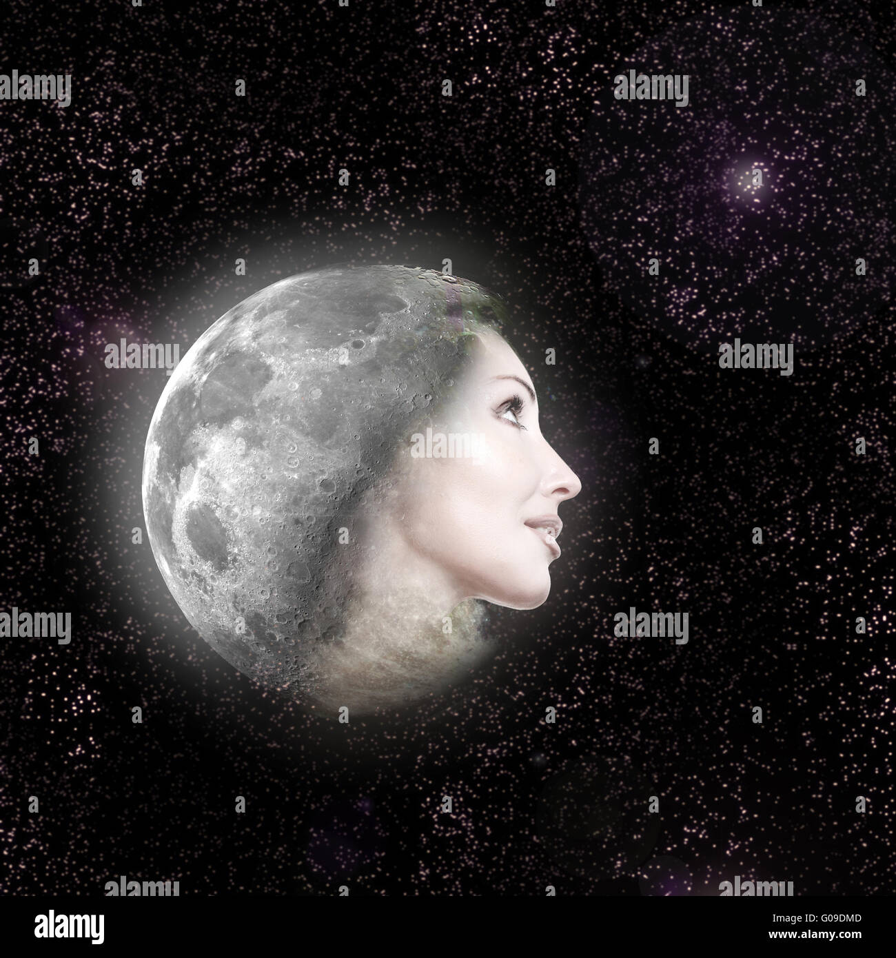 The moon transfers in a face of the beautiful woma Stock Photo