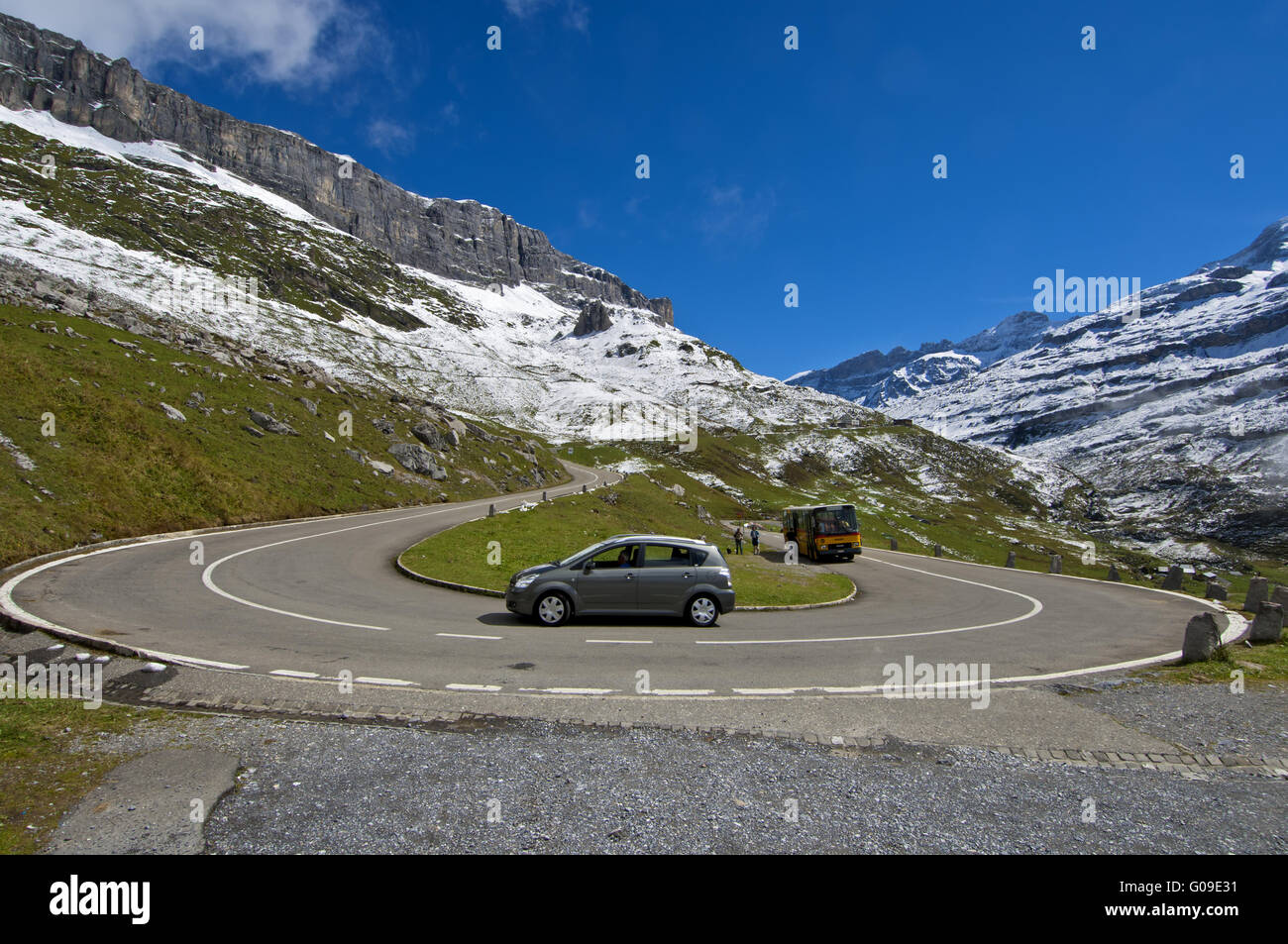 hairpin bend on a mountain road, Switzerland Stock Photo