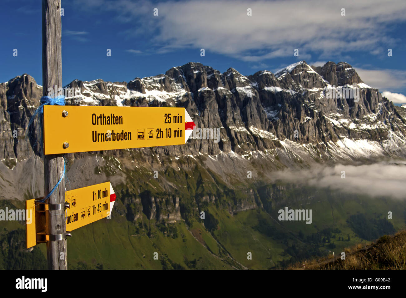 Directional sign in the hiking area Urnerboden Stock Photo