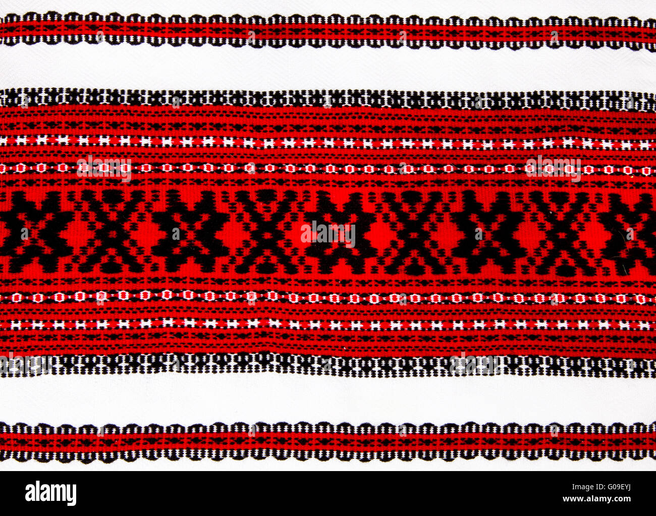 Ukrainian traditional red and black ornament embroidery closeup Stock Photo