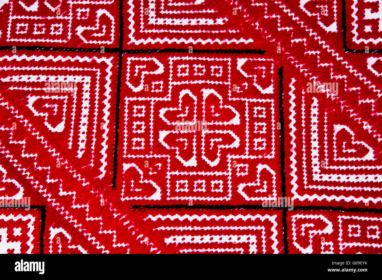 Ukrainian national red and black ornament embroidery closeview Stock Photo