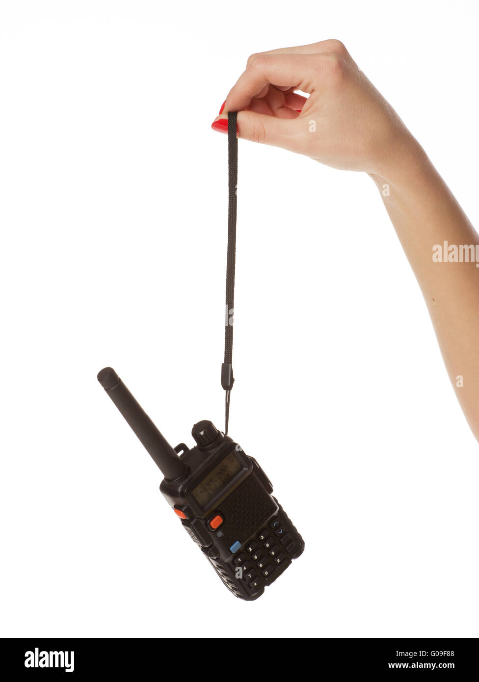 walkie-talkie in womans hand, isolated on white Stock Photo