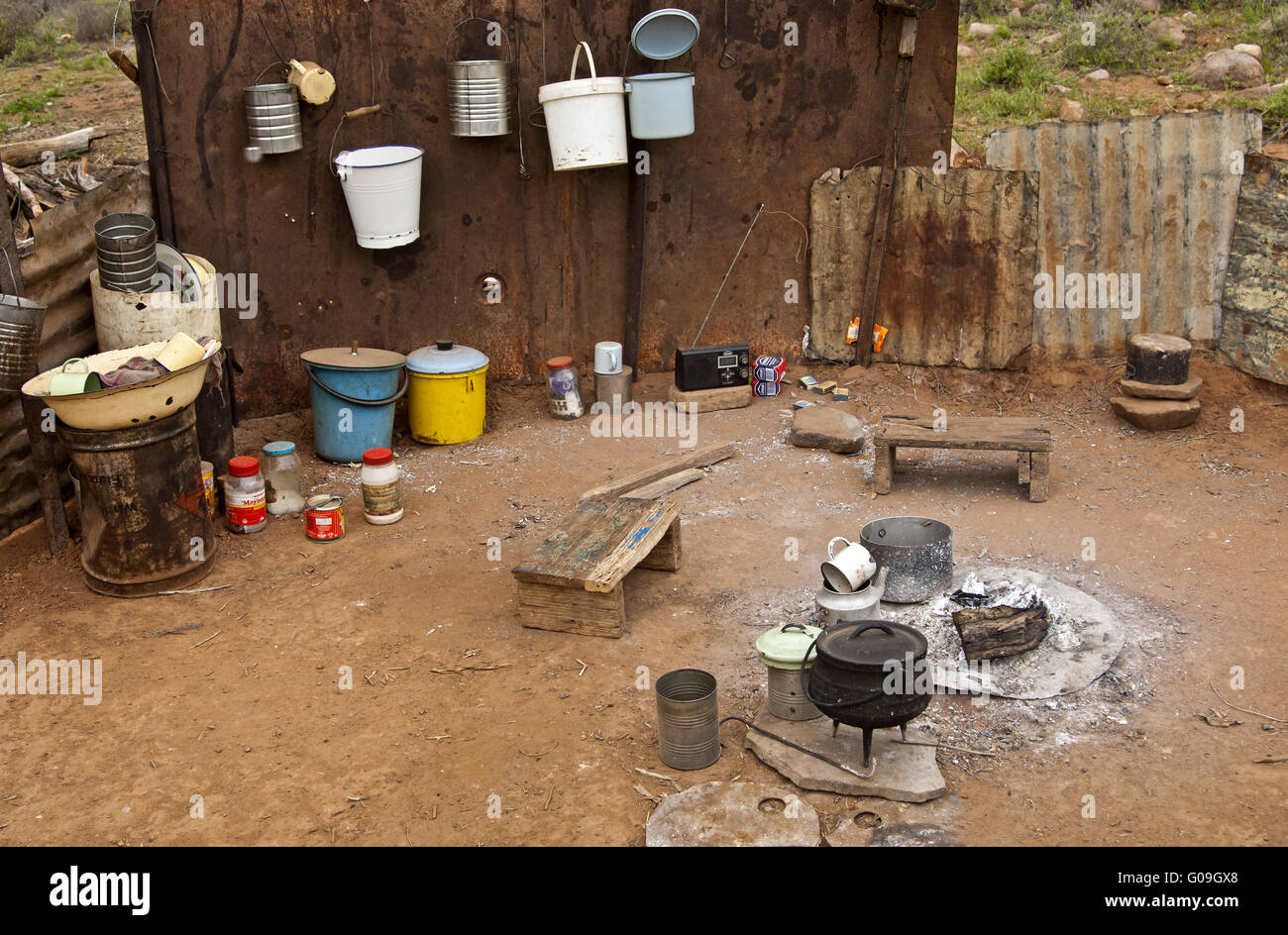 Fireplace in a camp site of local Nama herders Stock Photo