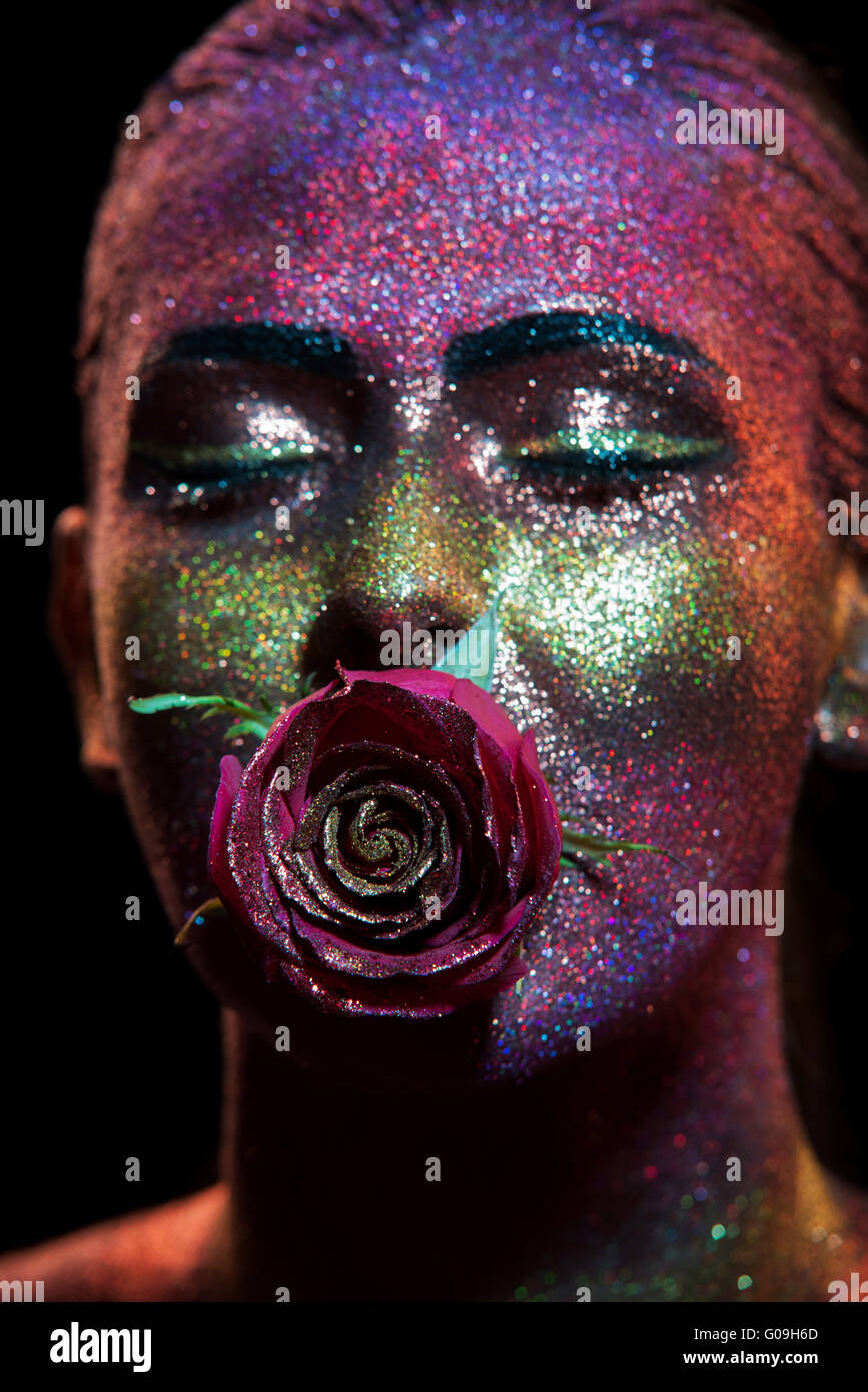Portrait of beautiful woman with art glitter makeup on her face. Glitter  Face Stock Photo - Alamy