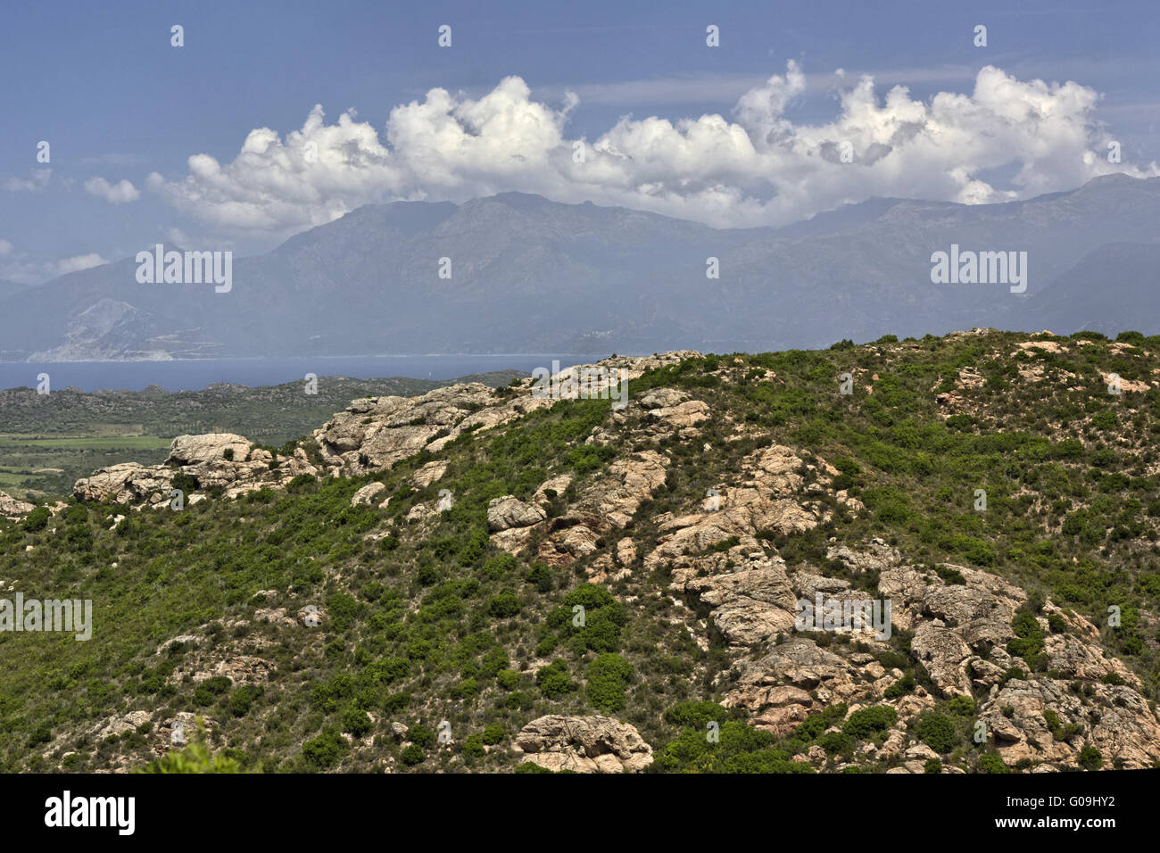 Mountain landscape Desert des Agriates, Corrsica Stock Photo