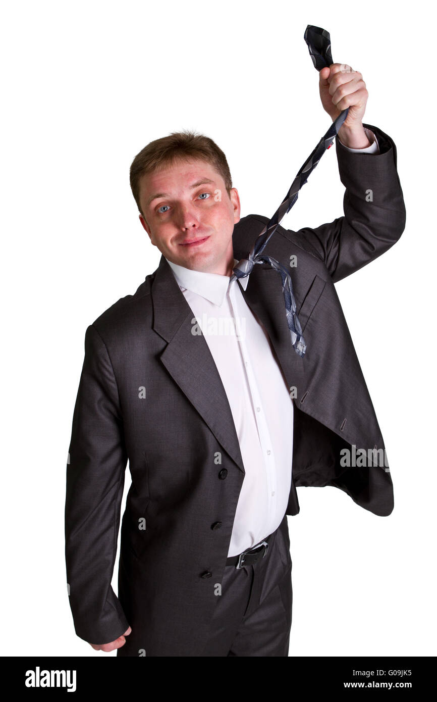 man pulling necktie out to choke himself while making facial expression