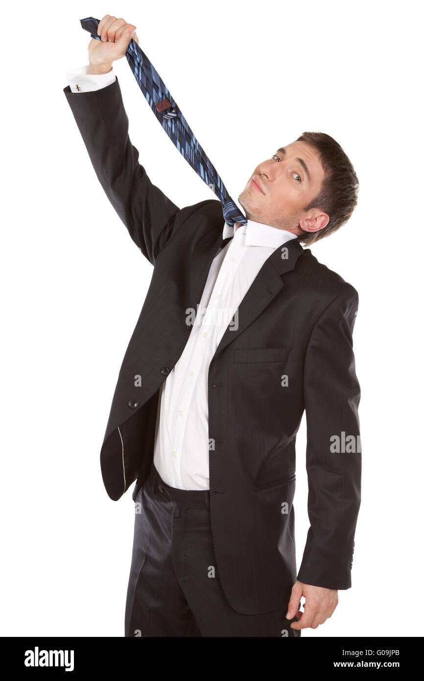 midadult man pulling necktie out to choke himself while making facial