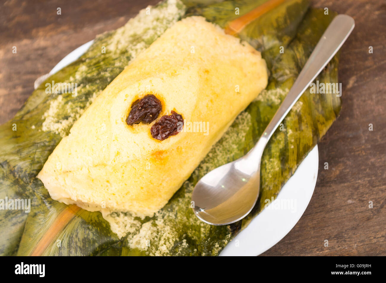 Quimbolito served on white dish ready to be eaten, Ecuador traditions Stock Photo