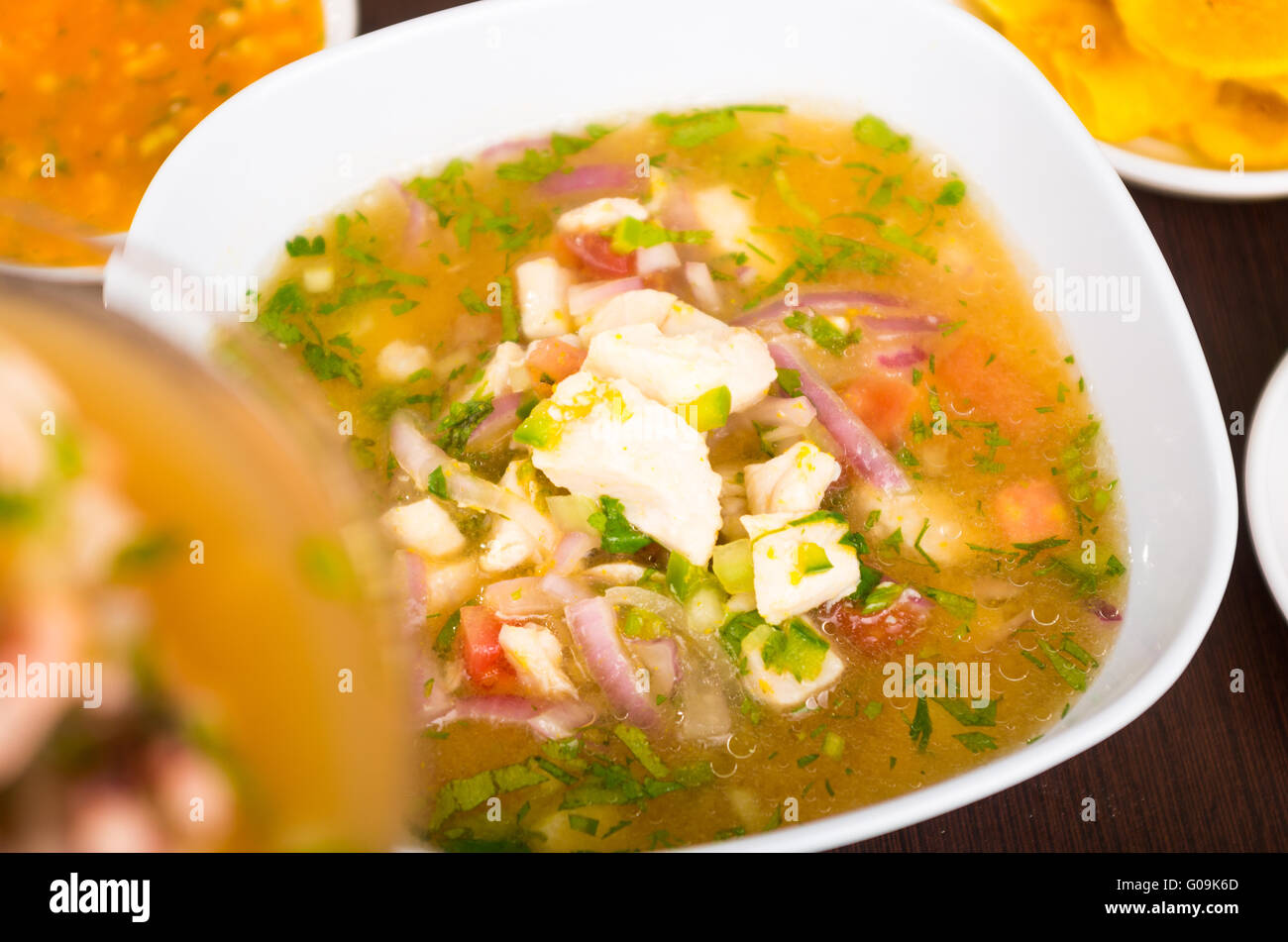 Little pieces of fish used for ecuadorian ceviche, red onions and