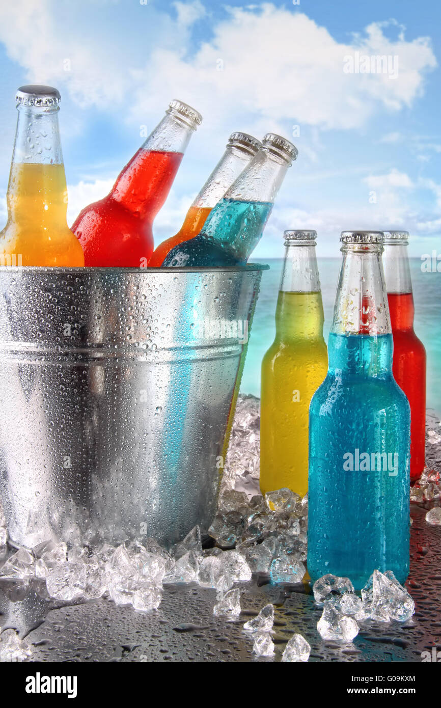 Cool summer drinks in ice bucket at the beach Stock Photo