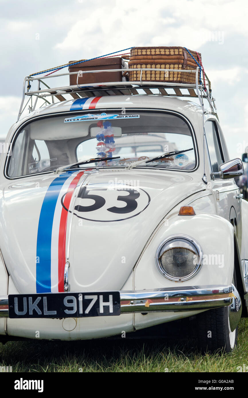 Herbie replica VW Beetle with retro suitcases on the roof rack. Santa Pod Raceway, Podington, Bedfordshire, England Stock Photo