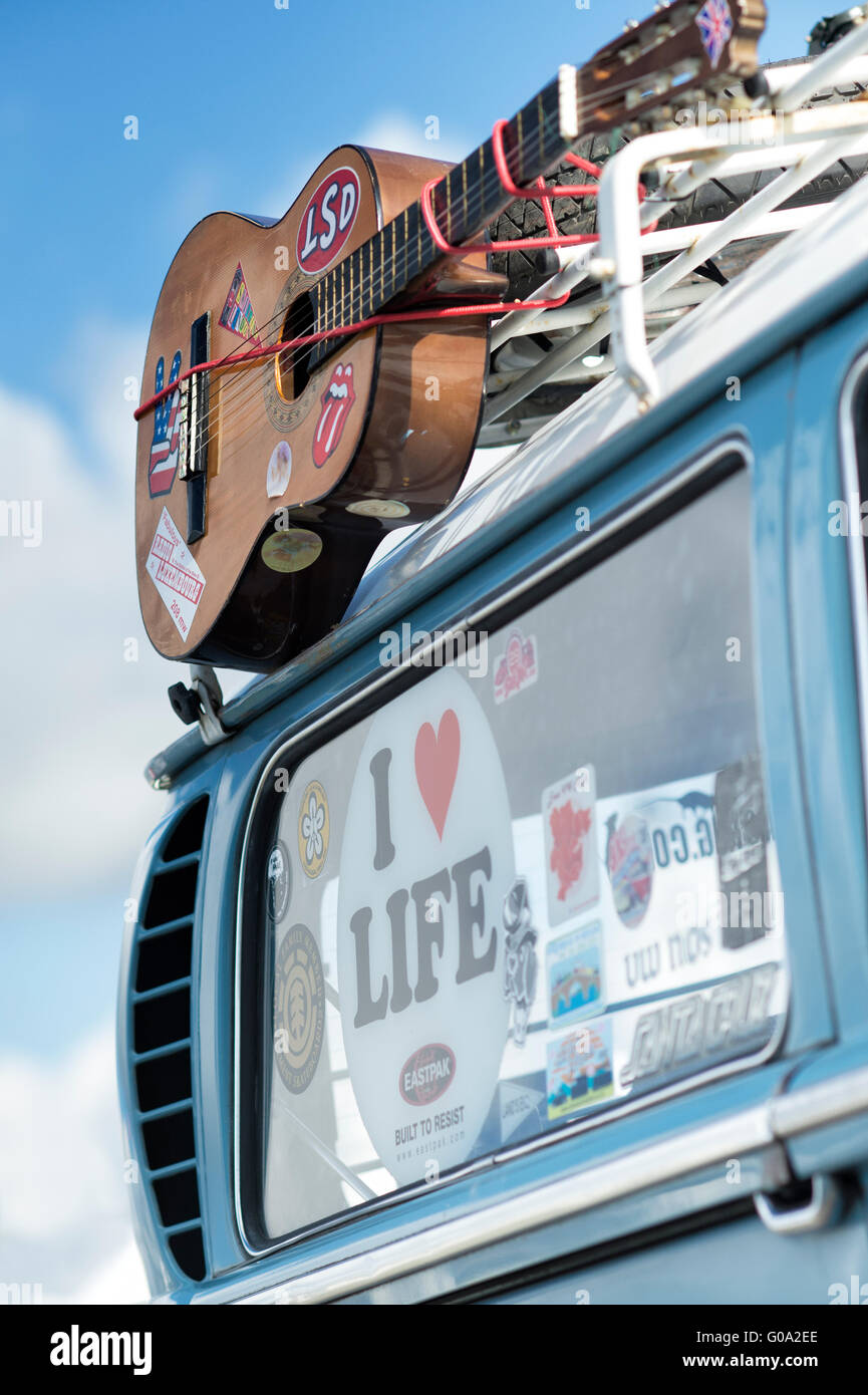 Acoustic guitar and I Love Life sticker on a VW Volkswagen camper van at a  VW show. England Stock Photo - Alamy