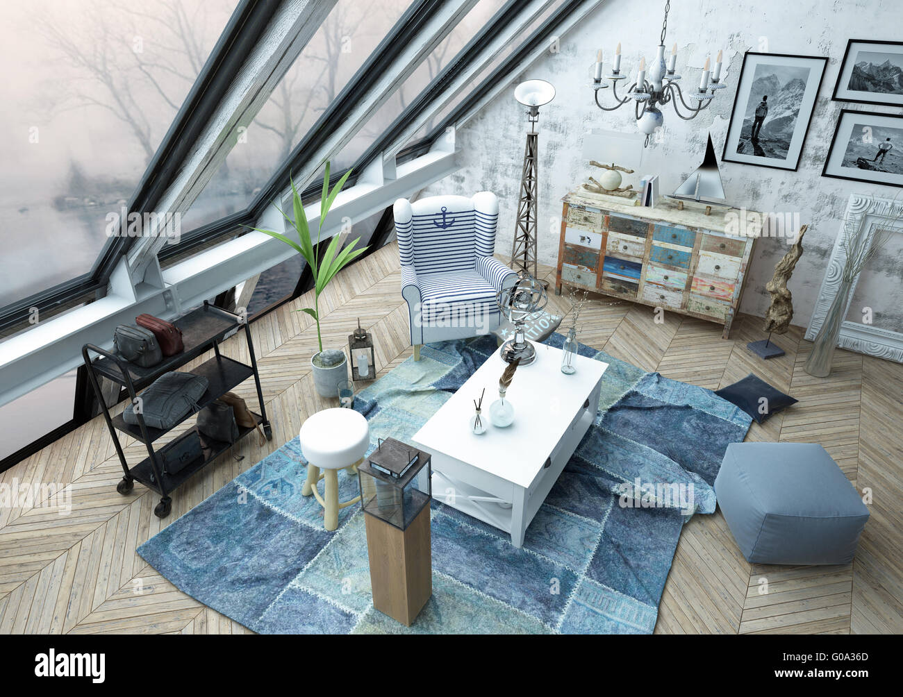 High Angle Architectural Interior Of Modern Living Room With